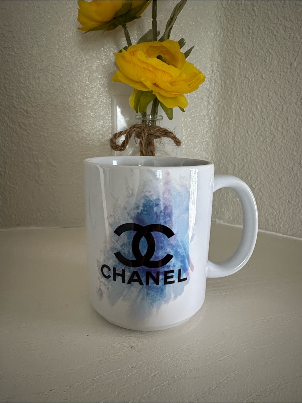 CHANEL White Mug with Blue Watercolor Logo